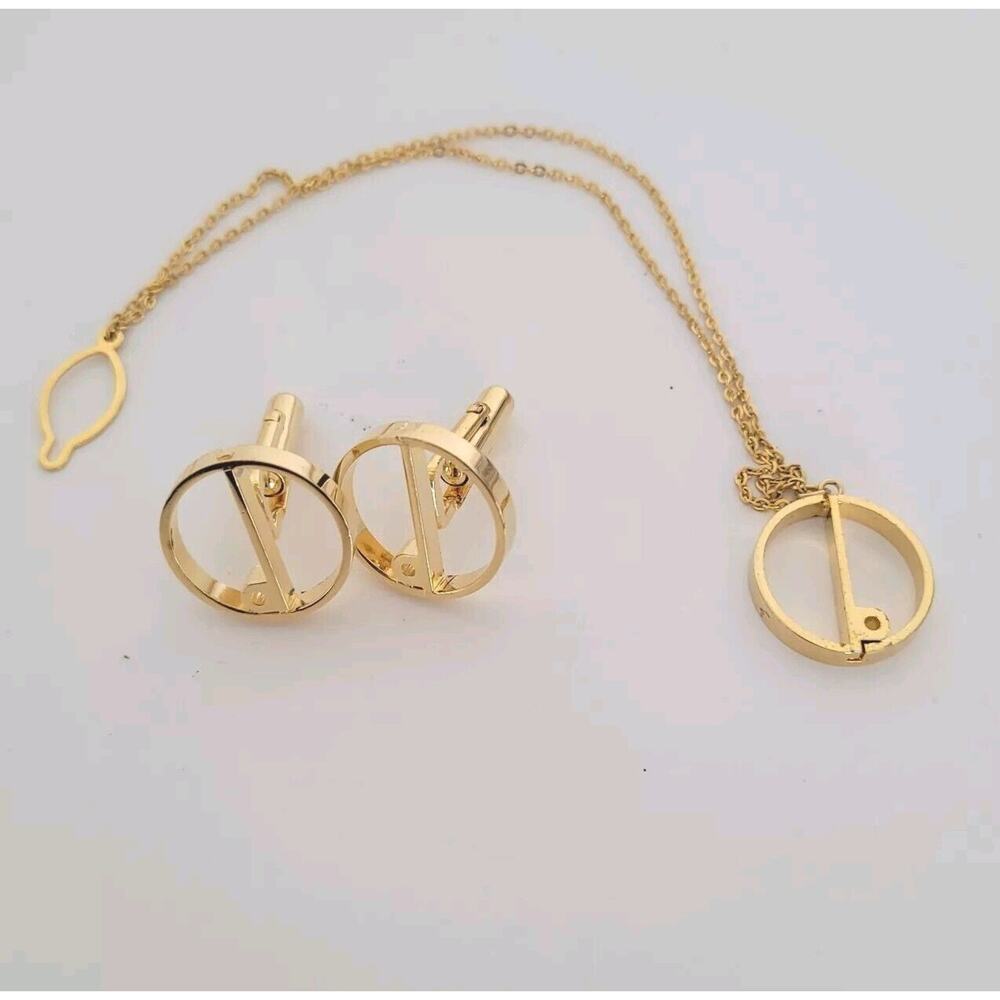Dunhill Cufflinks Tie Chain Set Gold Tone Logo Round Logo Vintage